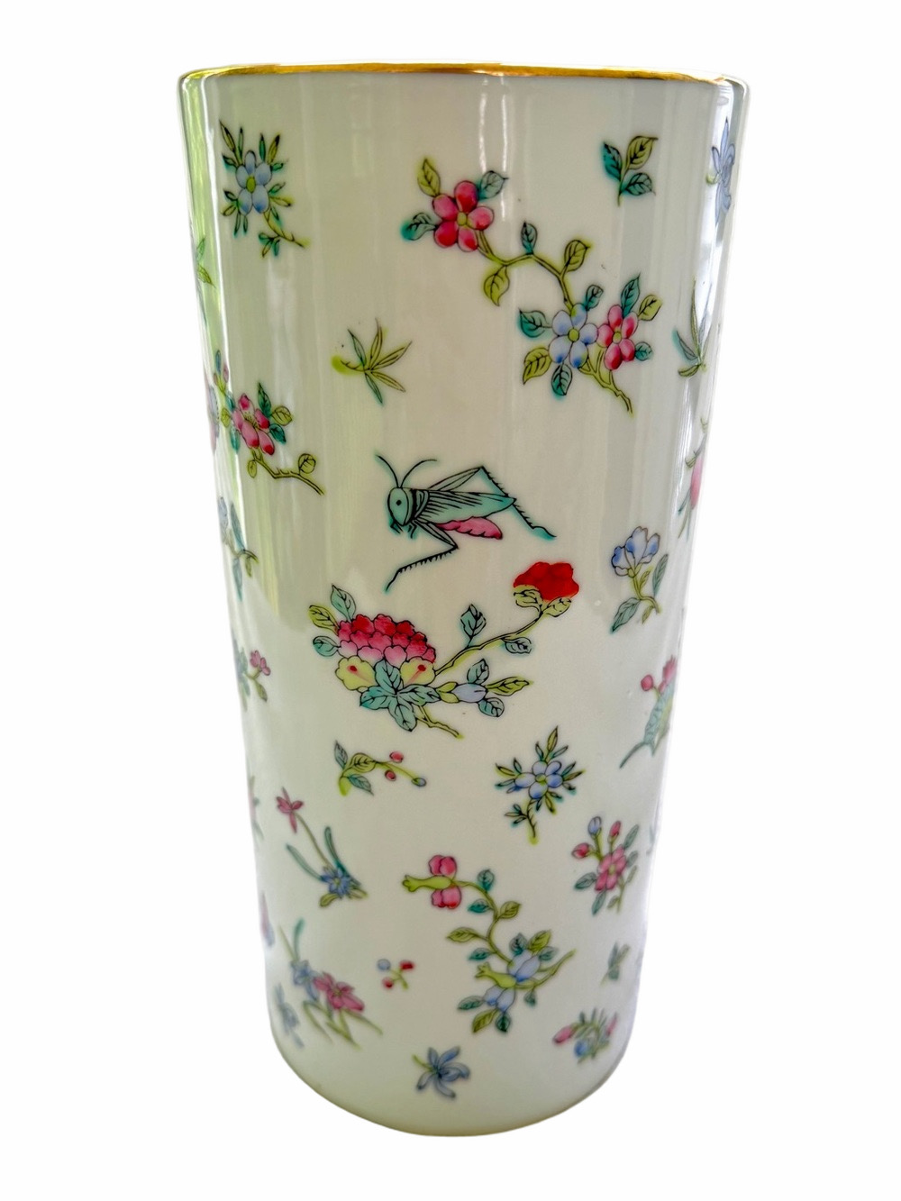 Chinese Famille Rose Hand Painted Porcelain Cylinder Vase 10.75” Gold Rim